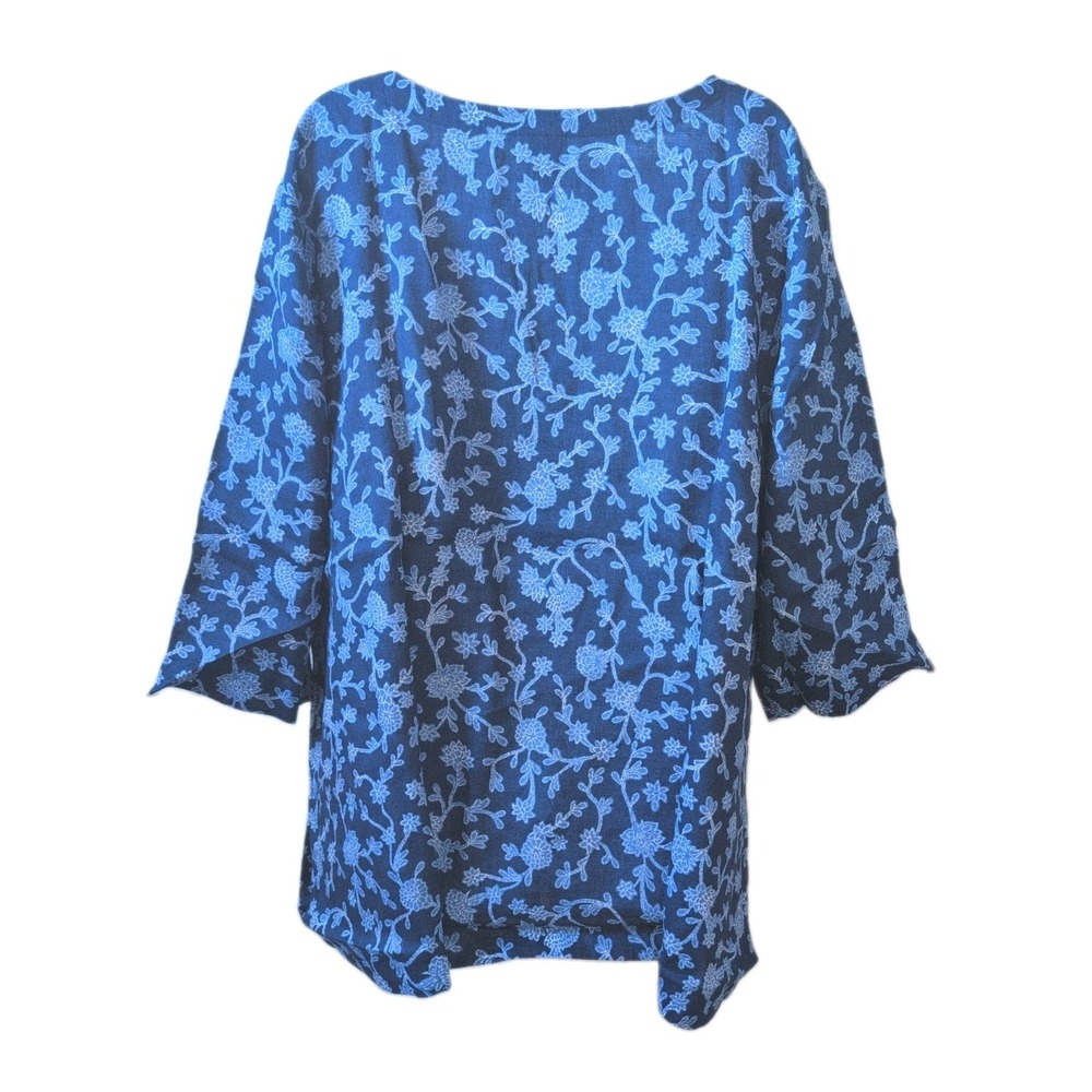 J. Jill Womens 3X Linen Tunic Top Blue Floral Pullover Half Sleeve - New - Picture 3 of 6
